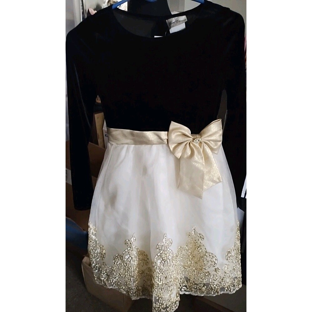 Rare editions Formal girls dress Black Velvet With Gold Accents And Bow MSRP $94